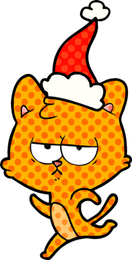 Bir insan tarafından çizilmiş Noel Baba şapkası takan bir kedinin çizgi roman çizimi.