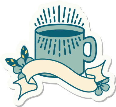 Bir insan tarafından çizilmiş bir fincan kahve sancağıyla dövme stili çıkartması.