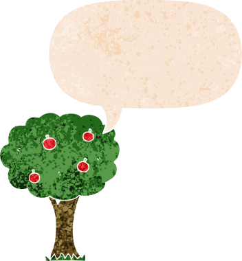 bir insan tarafından çizilmiş grunge dertli retro biçimli konuşma baloncuğu ile çizgi film elma ağacı