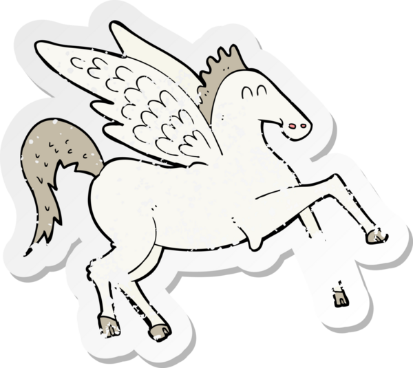 Bir insan tarafından çizilmiş karikatür Pegasus 'un gerilmiş yapıştırması.