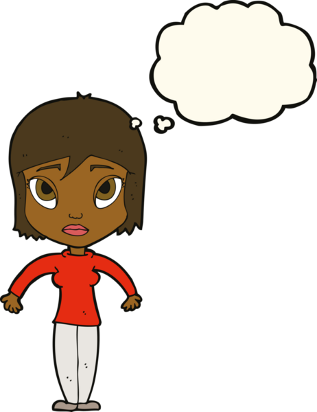 Bir insan tarafından çizilmiş düşünce baloncuğuyla omuz silken çizgi film kadını.