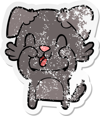 Bir insan tarafından çizilmiş, gülen bir köpeğin sıkıntılı çıkartması.