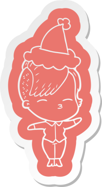 Bir insan tarafından çizilmiş Noel Baba şapkası giyen şaşı bir kızın garip çizgi film etiketi.