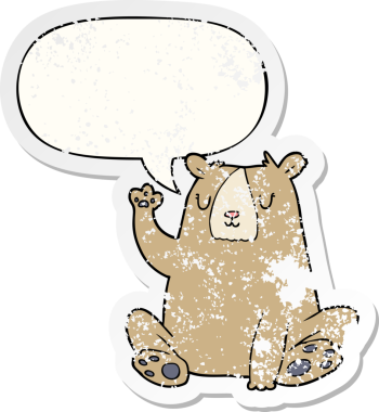 Çizgi film ayısı; konuşma baloncuğuyla el sallamak bir insan tarafından çizilmiş sıkıntılı eski bir çıkartma