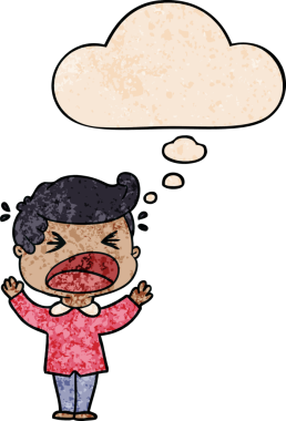 Bir insan tarafından çizilmiş grunge desenli düşünce balonlu bağıran adam çizgi filmi.