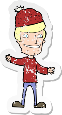 Bir insan tarafından çizilmiş kış şapkası giyen bir çizgi film karakterinin gerilimli retro çıkartması.