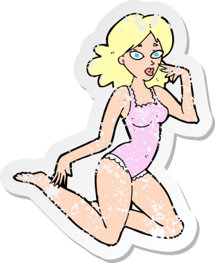 Bir insan tarafından çizilmiş iç çamaşırlı bir karikatür kadının gerilimli çıkartması.