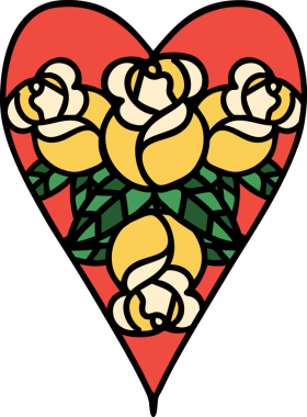 Geleneksel kalp şeklinde dövme ve bir insan tarafından çizilmiş çiçekler.