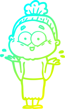 Bir insan tarafından çizilmiş, mutlu, yaşlı bir kadının çizimi.