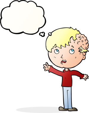 Kafasında bir insan tarafından çizilmiş düşünce balonuyla büyüyen çizgi film çocuğu.