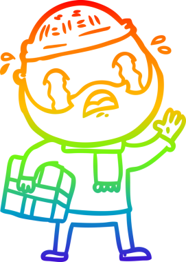 Gökkuşağı gradyan çizimi, bir insan tarafından çizilmiş Noel hediyesiyle ağlayan sakallı bir adamın çizgi çizimi.