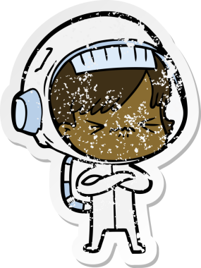 Bir insan tarafından çizilmiş karikatür astronot kadının sıkıntılı çıkartması.