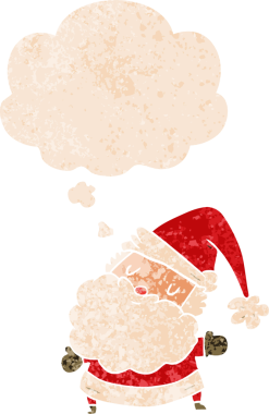 Düşünce baloncuklu çizgi film Noel Baba grunge sıkıntılı retro dokuma tarzı bir insan tarafından çizilmiş