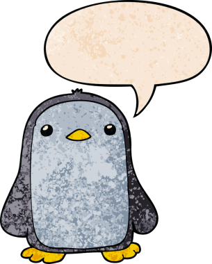 Bir insan tarafından çizilmiş, geçmişe dönük konuşma baloncuğu olan sevimli penguen çizgi filmi.