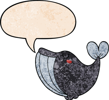 Konuşma baloncuğu olan karikatür balinası insan tarafından çizilmiş.