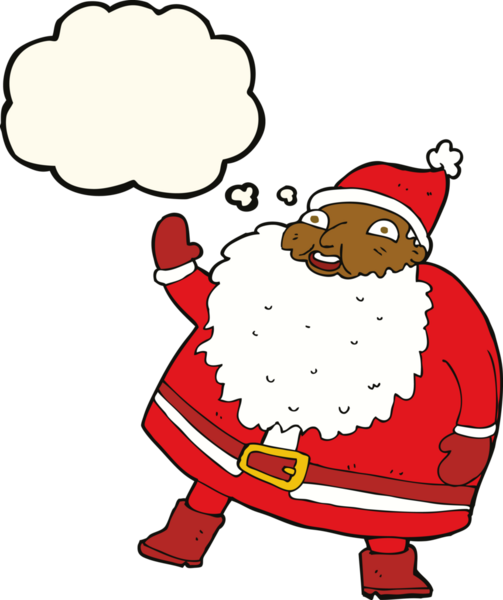 Bir insan tarafından çizilmiş düşünce baloncuklu komik Noel Baba çizgi filmi.