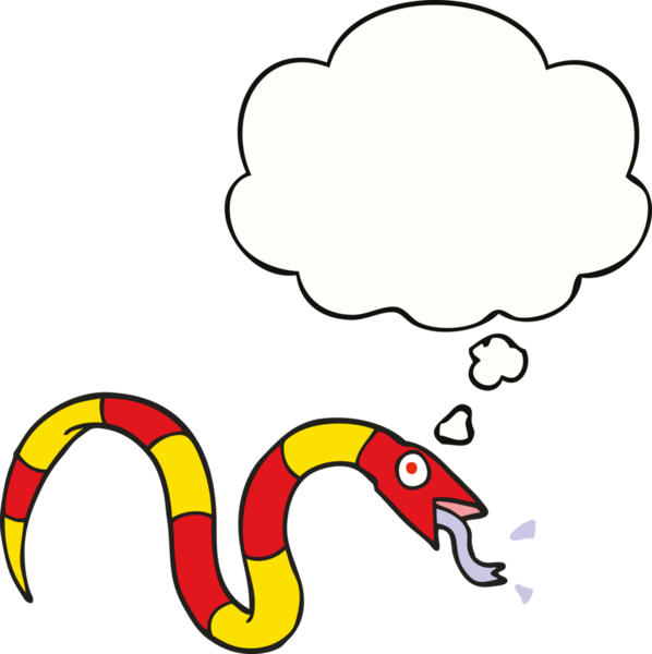 Bir insan tarafından çizilmiş düşünce baloncuklu çizgi film yılanı.