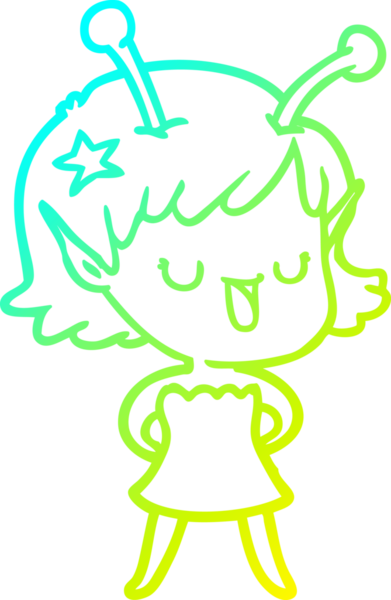 Bir insan tarafından çizilmiş mutlu bir uzaylı kız çizgi filmi.