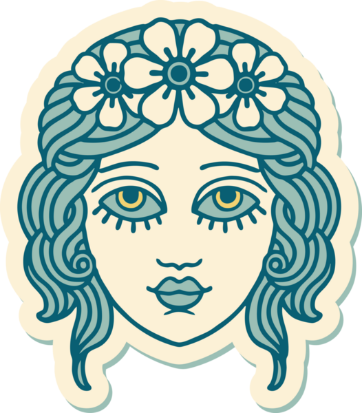 Bir insan tarafından çizilmiş çiçek desenli geleneksel kadın yüzü stili dövme çıkartması.