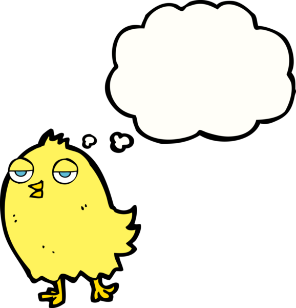 Bir insan tarafından çizilmiş düşünce baloncuklu komik çizgi film kuşu.