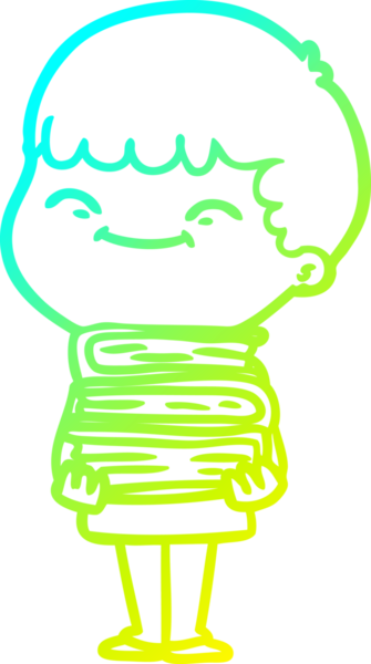 Bir insan tarafından çizilmiş kitapları olan mutlu bir çocuk çizgi filmi çizimi.