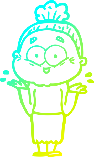 Bir insan tarafından çizilmiş, mutlu, yaşlı bir kadının çizimi.