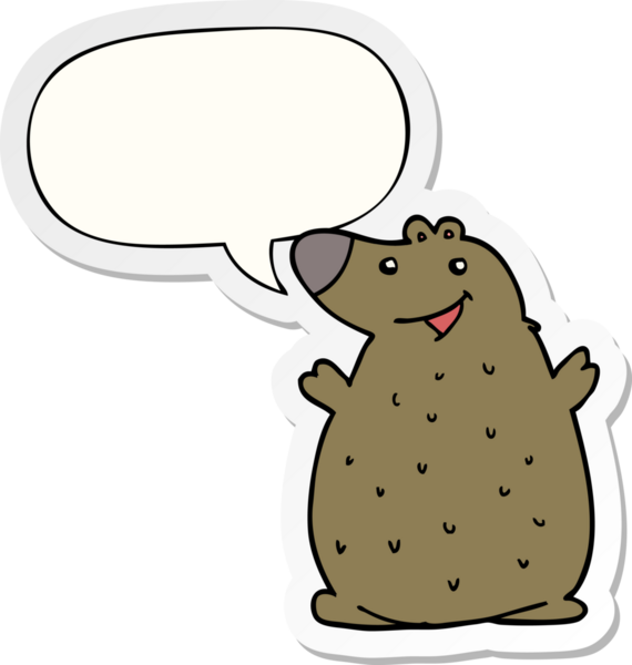 Bir insan tarafından çizilmiş konuşma balonu çıkartmalı mutlu ayı çizgi filmi.