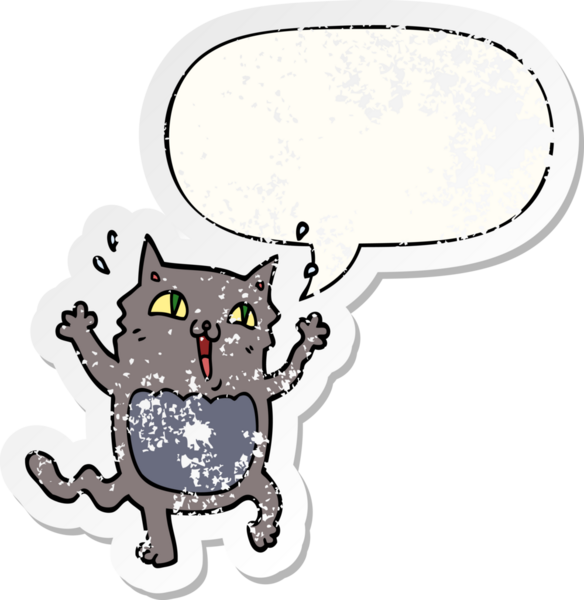 Çizgi film delisi, heyecanlı, konuşma baloncuklu bir kedi. Bir insan tarafından çizilmiş, kederli, eski bir çıkartma.
