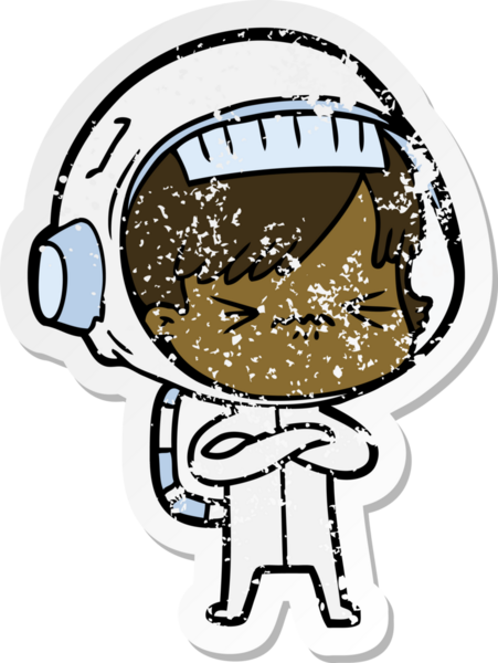 Bir insan tarafından çizilmiş karikatür astronot kadının sıkıntılı çıkartması.