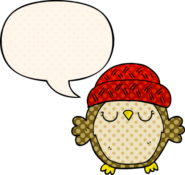 Bir insan tarafından çizilmiş çizgi roman tarzında konuşma balonu olan şapkalı sevimli bir baykuş.