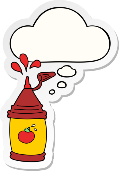 Düşünce baloncuklu ketçap şişesi insan tarafından çizilmiş bir çıkartma.