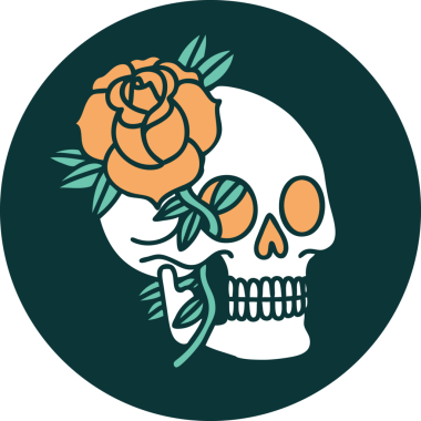 Bir insan tarafından çizilmiş bir kafatası ve gülün ikonik dövme şekli