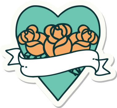 Geleneksel kalp stili dövme çıkartması ve bir insan tarafından çizilmiş çiçekli pankart.