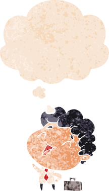 Düşünce baloncuğu olan karikatür işadamı bir insan tarafından çizilmiş dertli retro tarzı