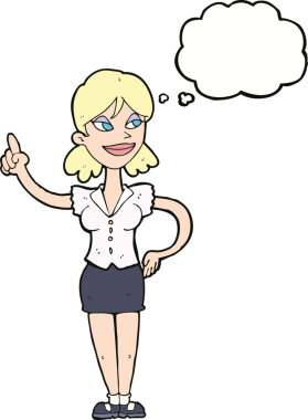 Bir insan tarafından çizilmiş düşünce baloncuğuyla harika bir fikri olan çizgi film kadını.