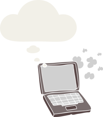 Düşünce baloncuklu karikatür dizüstü bilgisayar insan tarafından çizilmiş.