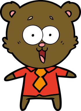 Bir insan tarafından çizilmiş tişörtlü ve kravatlı gülen ayıcık çizgi filmi.