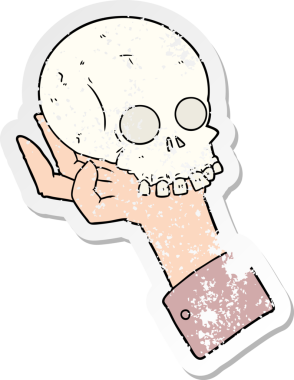 Bir insan tarafından çizilmiş kafatasını tutan bir karikatür el çıkartması.