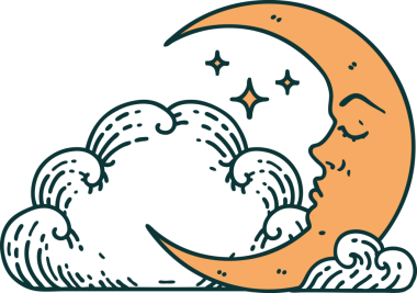 Hilal şeklinde bir dövme ve bir insan tarafından çizilmiş bulutlar.