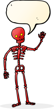 Bir insan tarafından çizilmiş konuşma baloncuğu ile iskelet sallayan çizgi film.