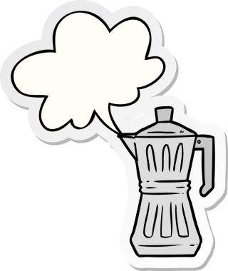 Bir insan tarafından çizilmiş konuşma kabarcığı çıkartmalı bir espresso makinesi.