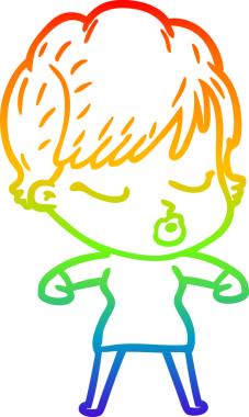 Gökkuşağı gradyan çizgi çizimi bir insan tarafından çizilmiş gözleri olan bir karikatür kadın