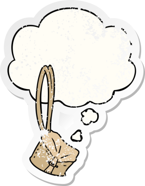 Düşünce baloncuğu olan eski bir sırt çantası çizgi filmi. Bir insan tarafından çizilmiş yıpranmış bir çıkartma.