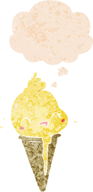 Düşünce baloncuklu tatlı çizgi film dondurması. Bir insan tarafından çizilmiş dertli retro tarzı.