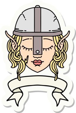 Bir elf savaşçısı karakterinin çıkartması, insan tarafından çizilmiş bir pankartıyla.