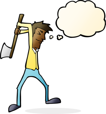 Bir insan tarafından çizilmiş düşünce balonuyla balta sallayan çizgi film adamı.