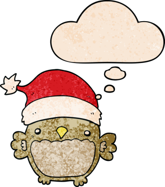 Bir insan tarafından çizilmiş grunge desenli düşünce baloncuğu olan şirin noel baykuşu.