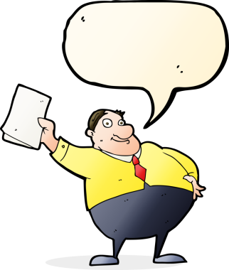 Çizgi film patronu bir insan tarafından çizilmiş konuşma balonuyla kağıtları sallıyor.