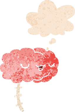 Mutlu çizgi film beyni. Düşünce baloncuğu ve grunge dertli retro dokuma bir insan tarafından çizilmiş.