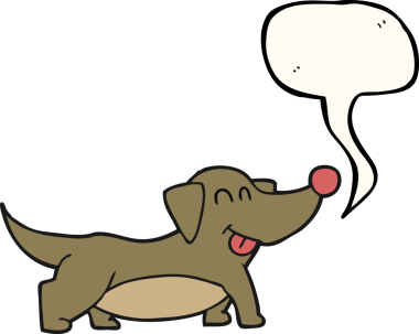Bir insan tarafından çizilmiş serbest konuşma balonu karikatürü mutlu küçük köpek.